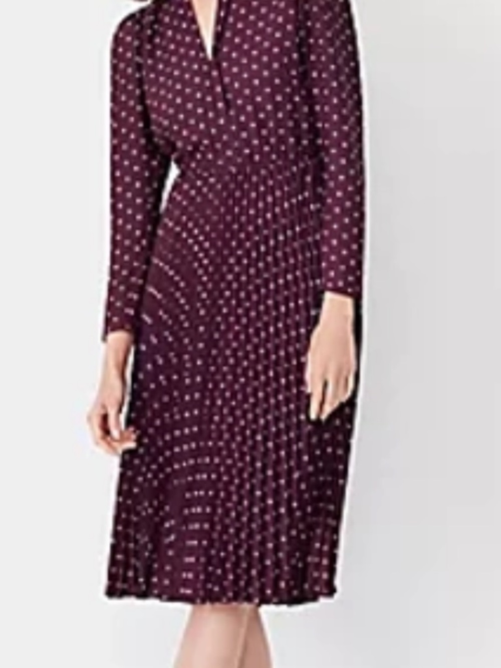 Ann Taylor Plum Long Sleeve Pleated Dress with White Dot Print